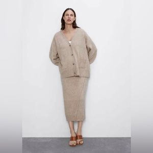 Zara Knit Special Edition Midi Wrap Skirt Taupe Beige Small